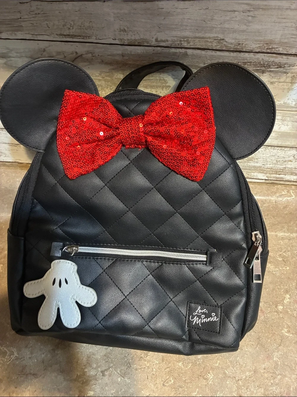 Disney Black Quilted Kids Backpack with Red Sequin Bow